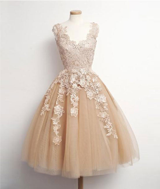 Champagne Tulle lace applique Short Prom Dress, Homecoming Dress - shdress