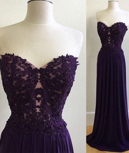 Purple chiffon lace long prom dress, purple evening dress - shdress