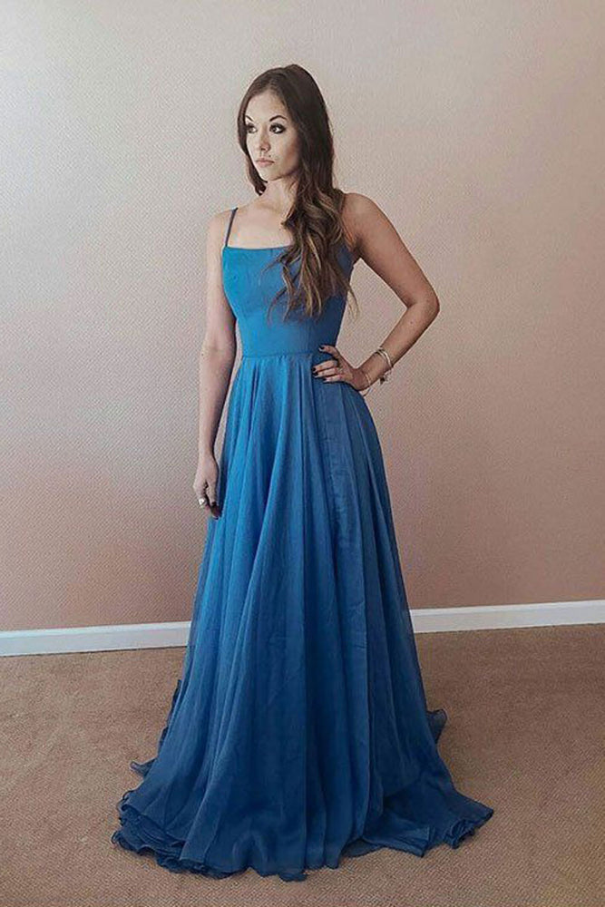 
                  
                    Simple blue chiffon long prom dress, blue backless evening dress
                  
                