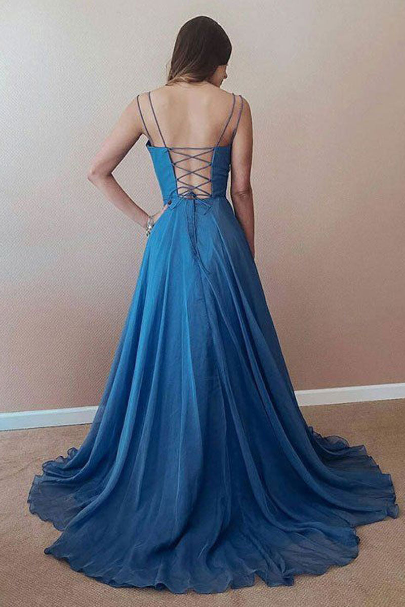 Simple blue chiffon long prom dress, blue backless evening dress