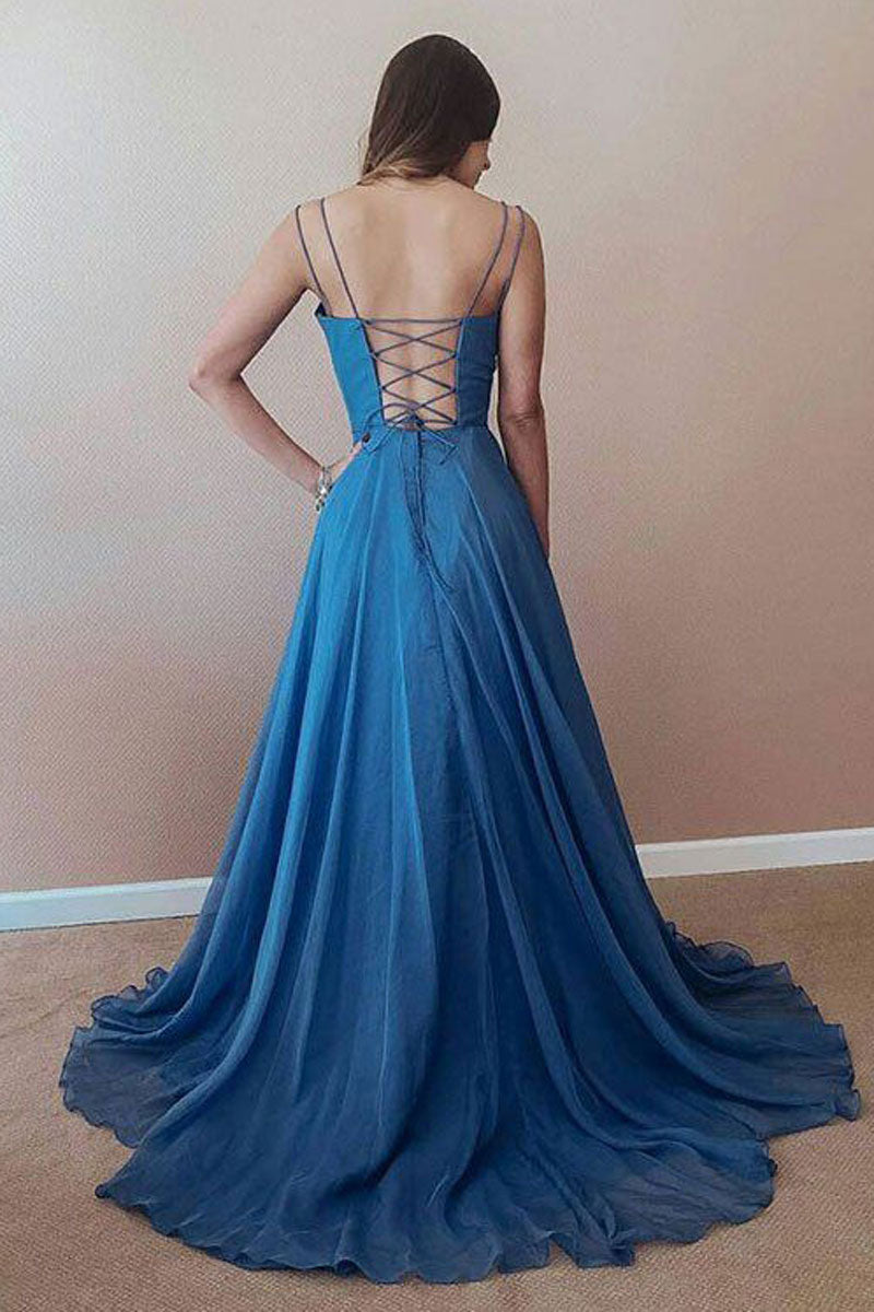 Simple blue chiffon long prom dress, blue backless evening dress shdress Simple blue chiffon long prom dress, blue backless evening dress shdress