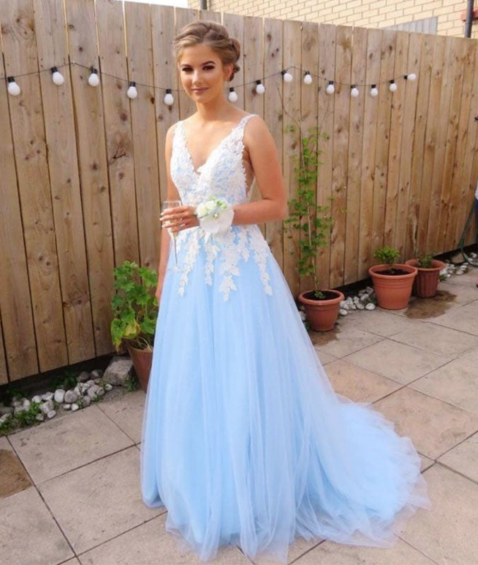 
                  
                    Blue v neck lace long prom dress, blue lace bridesmaid dress - shdress
                  
                