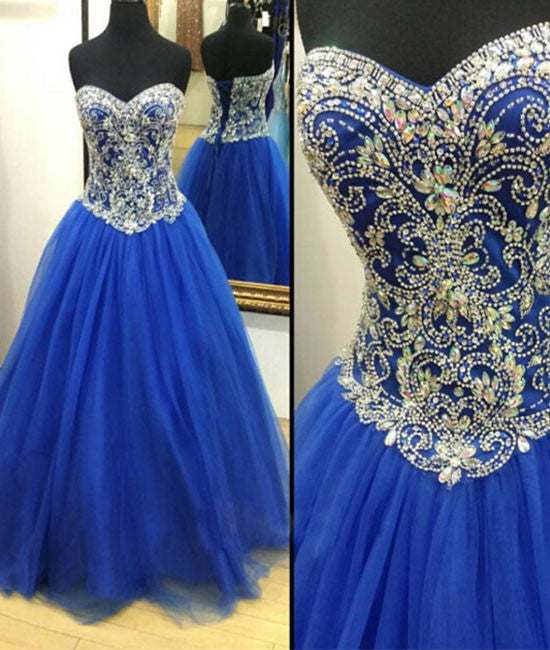 Royal blue Tulle Beaded Long Prom Dress, blue evening dresses - shdress