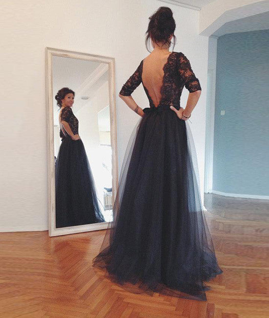 
                  
                    Black lace Tulle backless Long Prom Dress, Evening Dress - shdress
                  
                