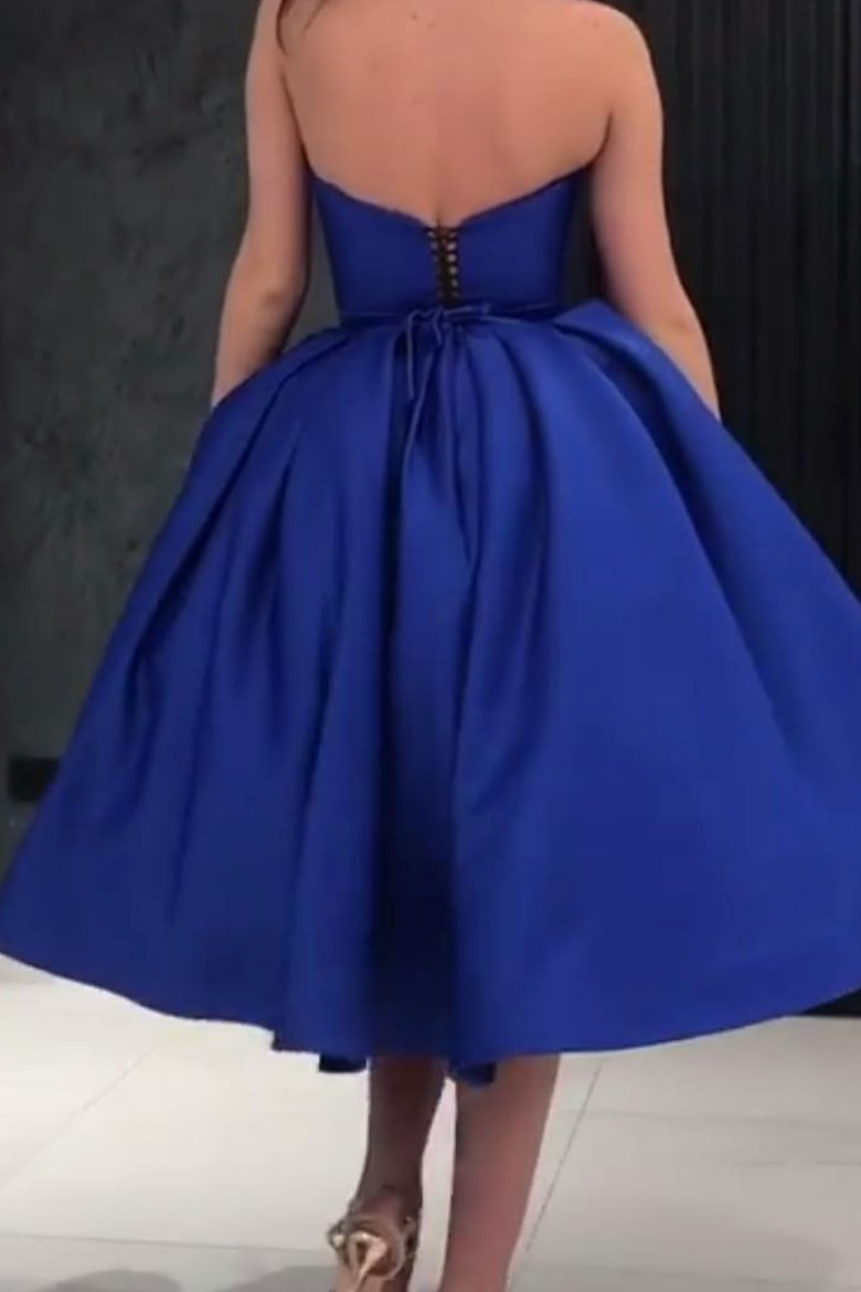 
                  
                    Blue satin short prom dress, blue formal dress
                  
                