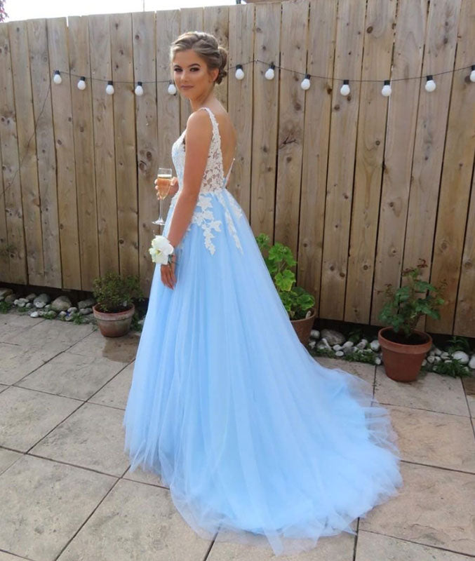 
                  
                    Blue v neck lace long prom dress, blue lace bridesmaid dress - shdress
                  
                