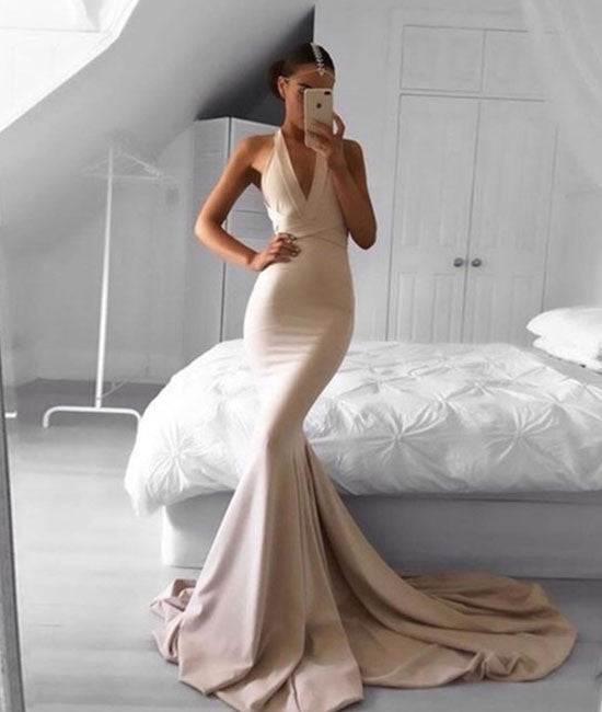 Simple champagne mermaid long prom dress, champagne evening dress - shdress