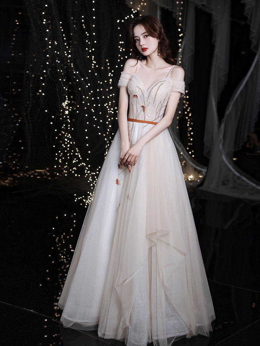Champagne sweetheart tulle long prom dress, champagne evening dress shdress Champagne sweetheart tulle long prom dress, champagne evening dress shdress