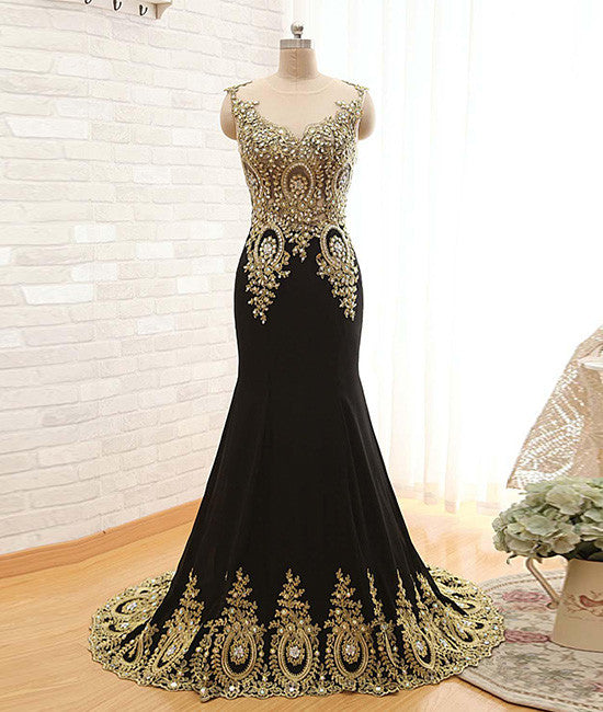 
                  
                    Black Round Neck Lace Applique long Prom Dress, Black Evening Dress - shdress
                  
                