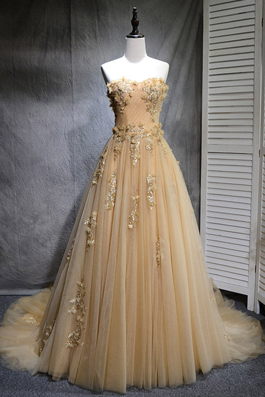 
                  
                    Champagne tulle lace long prom dress, tulle evening dress
                  
                