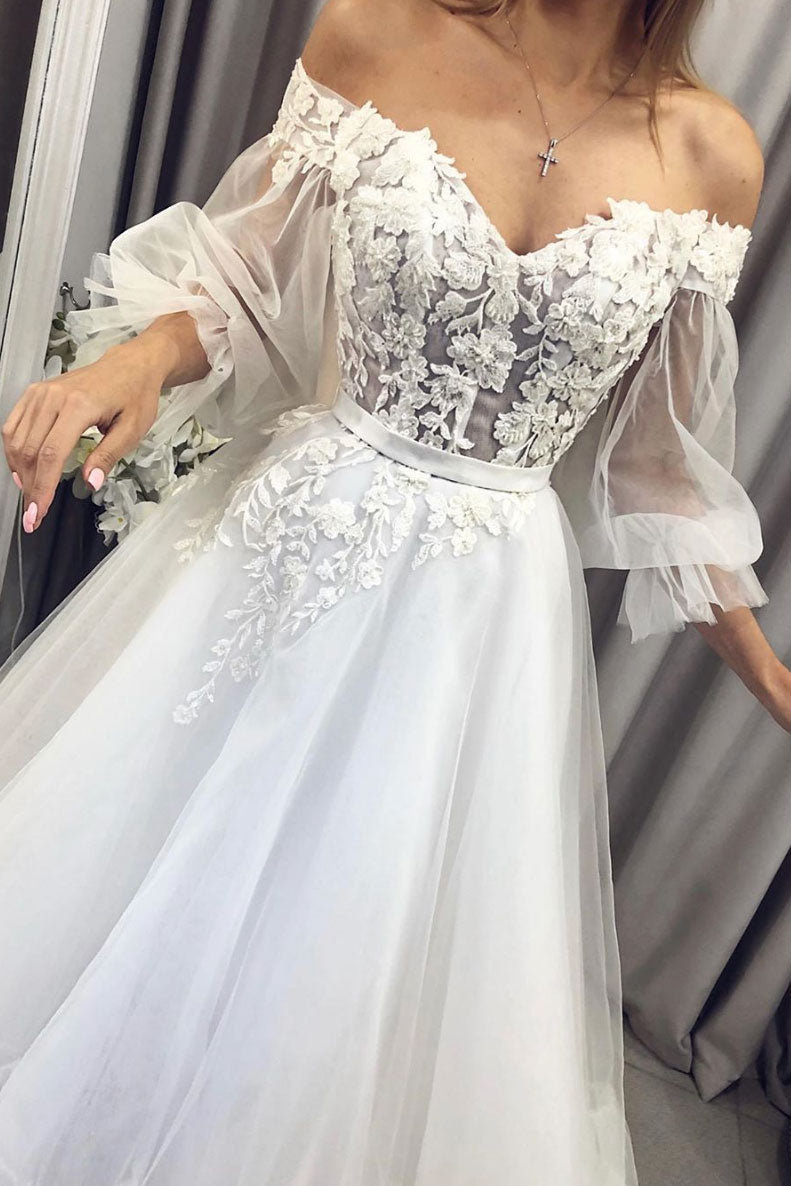 White tulle lace long prom dress, white tulle lace formal dress