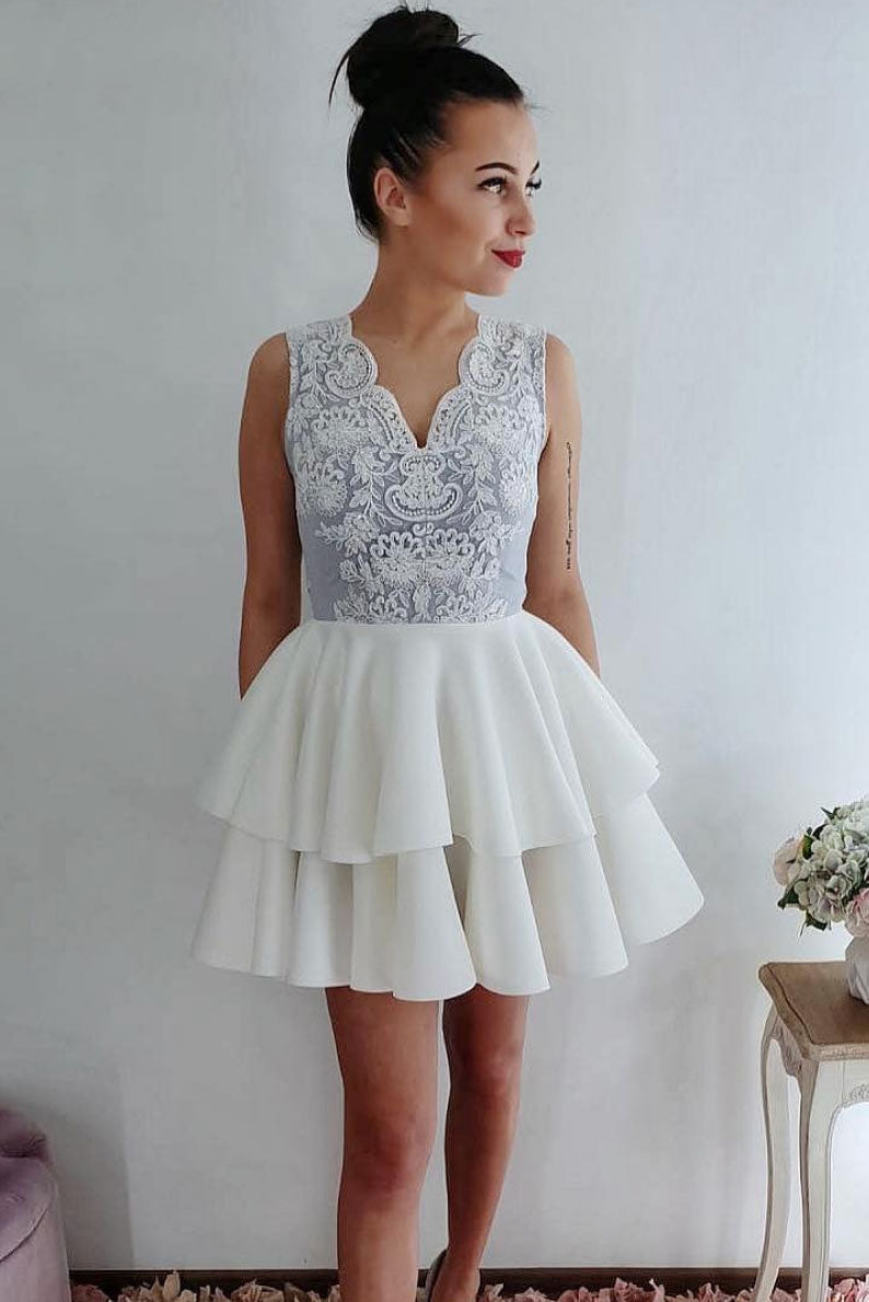 White lace short prom dress, white lace homecoming dress