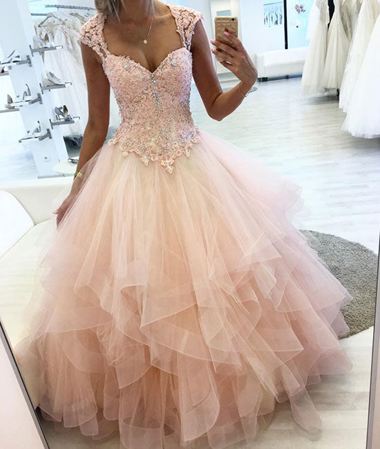 Pink sweetheart lace tulle long prom dress, pink evening dress - shdress