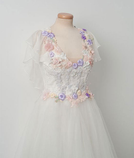 
                  
                    Elegant tulle lace applique white long prom dress, white evening dress - shdress
                  
                