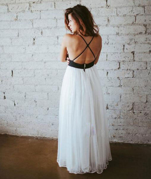 Simple White Chiffon Backless Long Prom Dress, Evening Dress - shdress