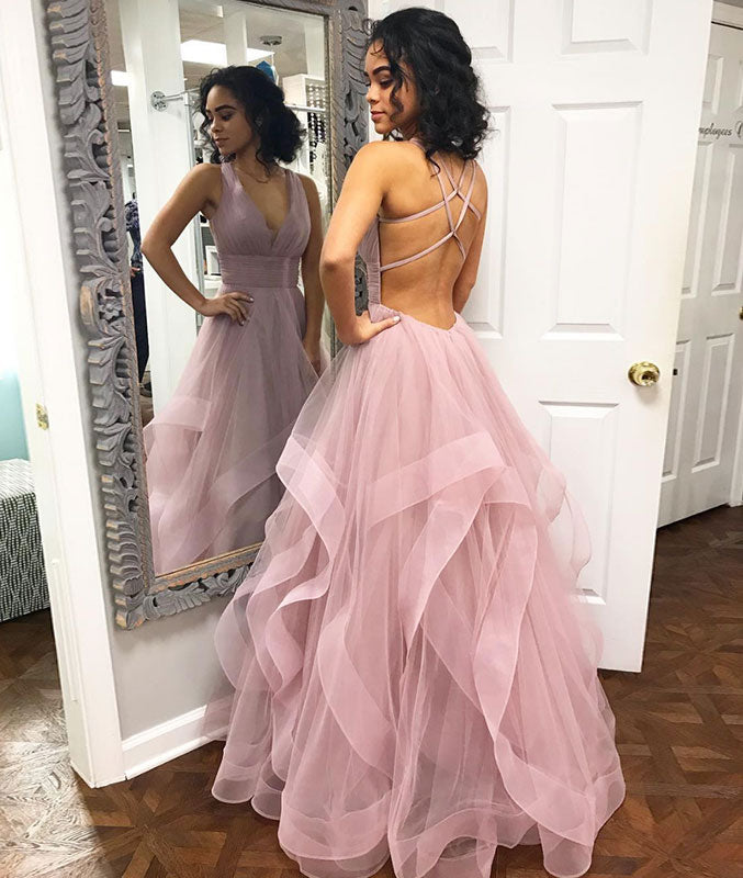 Simple pink tulle long prom dress, pink tulle evening dress – shdress Simple pink tulle long prom dress, pink tulle evening dress – shdress