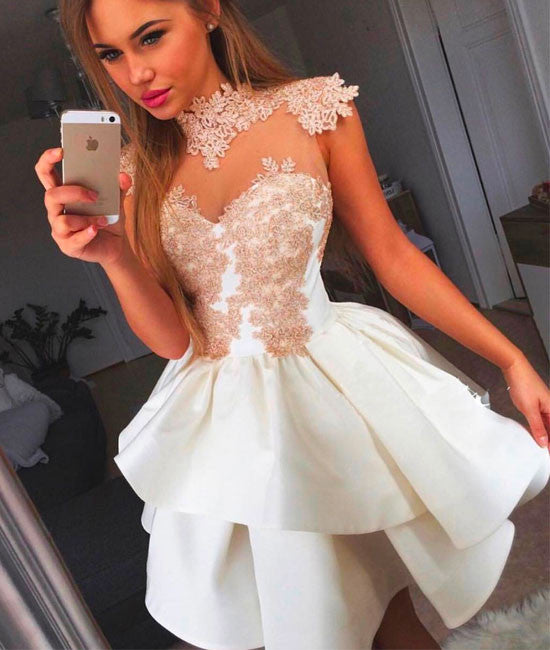 Cute white lace short prom dress, cute homecoming dress - shdress