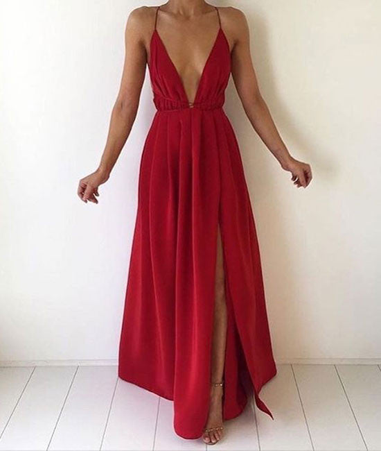 A-line Backless Red Long Prom Dress, Evening Dress - shdress