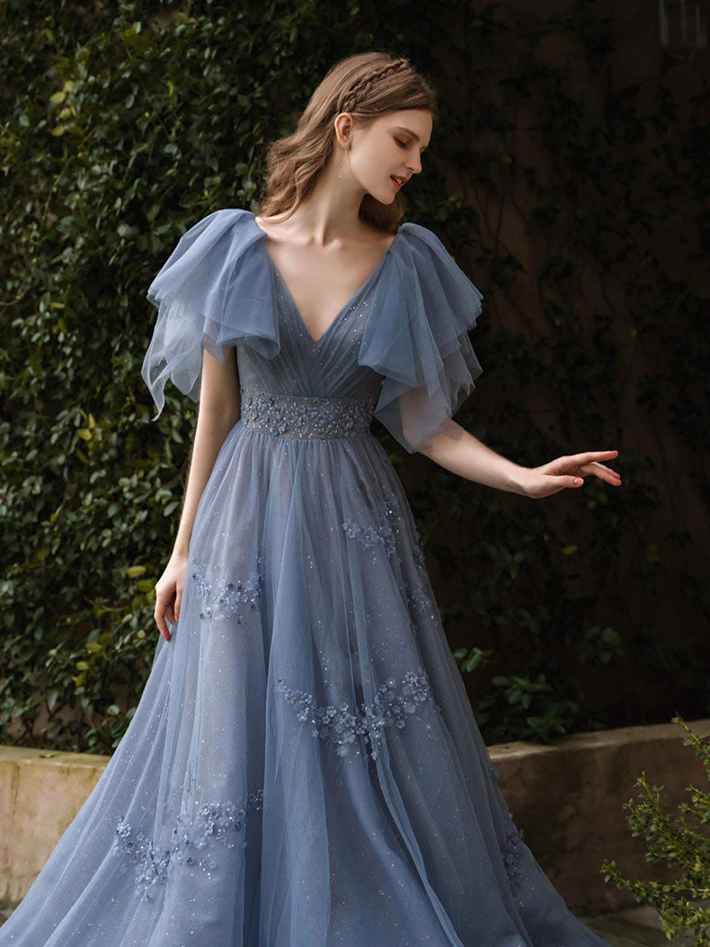 Blue A line tulle long prom dress blue formal party dress shdress Blue A line tulle long prom dress blue formal party dress shdress