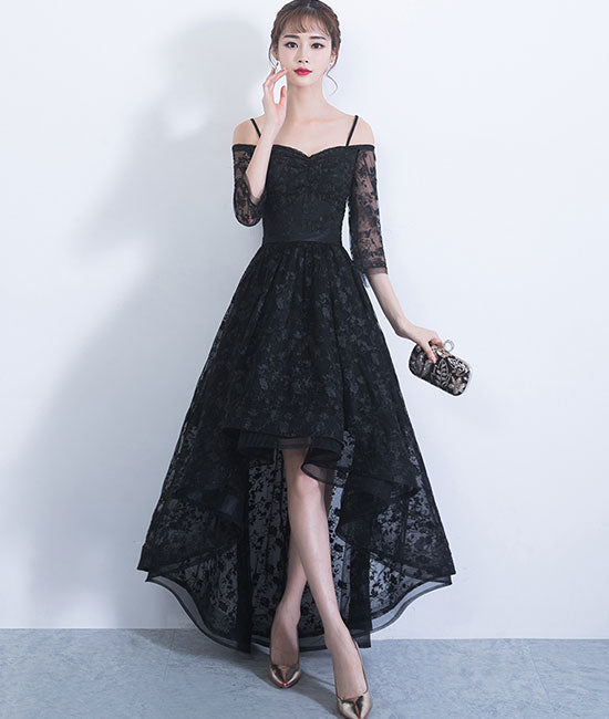 Black sweetheart lace high low prom dress, lace evening dress - shdress