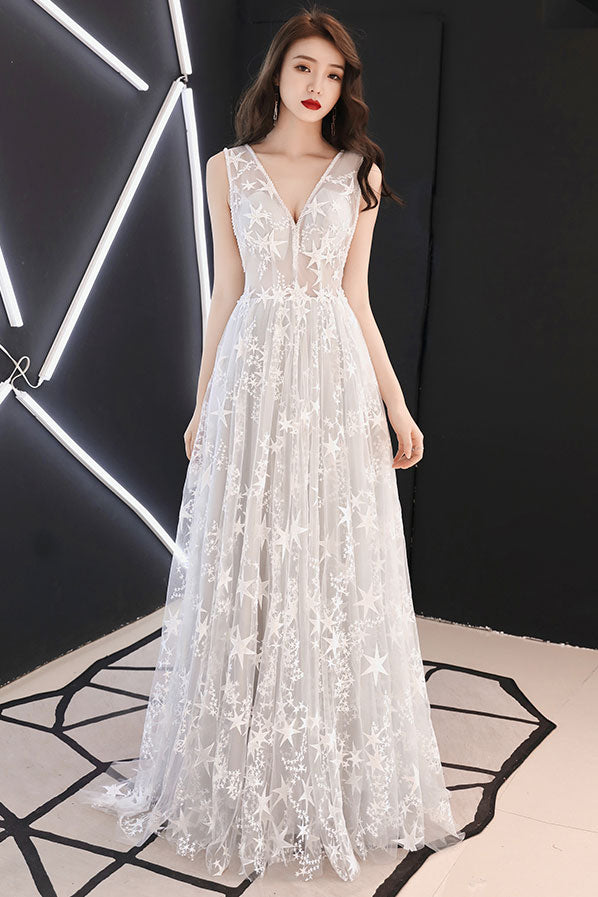 Gray white tulle lace long prom dress, gray tulle evening dress