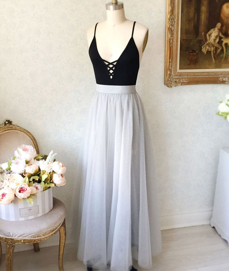 Simple v neck tulle gray long prom dress, gray evening dress - shdress