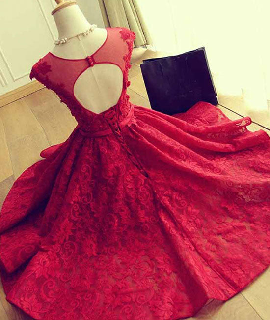 
                  
                    Simple round neck lace short red prom dress, bridesmaid dress - shdress
                  
                