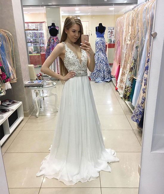 White v neck lace long prom dress, evening dress - shdress