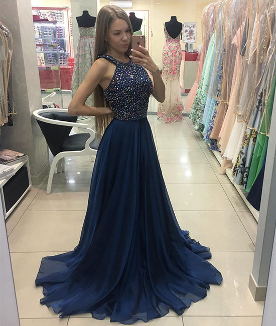 Dark blue beads chiffon A-line long prom dress, blue evening dress - shdress