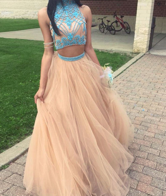 Champagne tulle two pieces beads long prom dress, evening dress - shdress