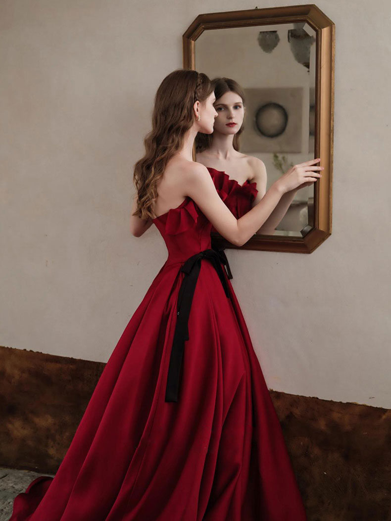 Burgundy satin long prom dress, burgundy evening dress shdress Burgundy satin long prom dress, burgundy evening dress shdress