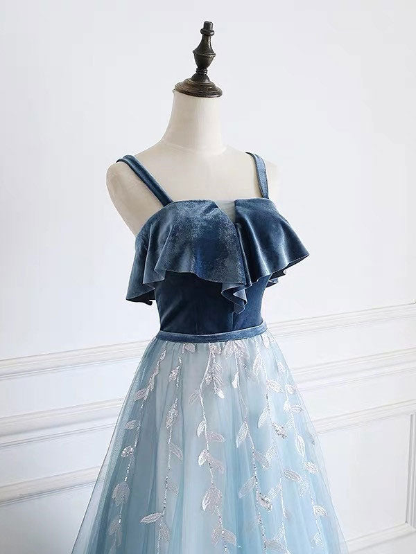 
                  
                    Blue tulle lace long prom dress, blue tulle formal dress
                  
                
