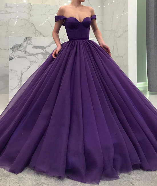 Purple tulle off shoulder long prom gown, tulle evening dress - shdress