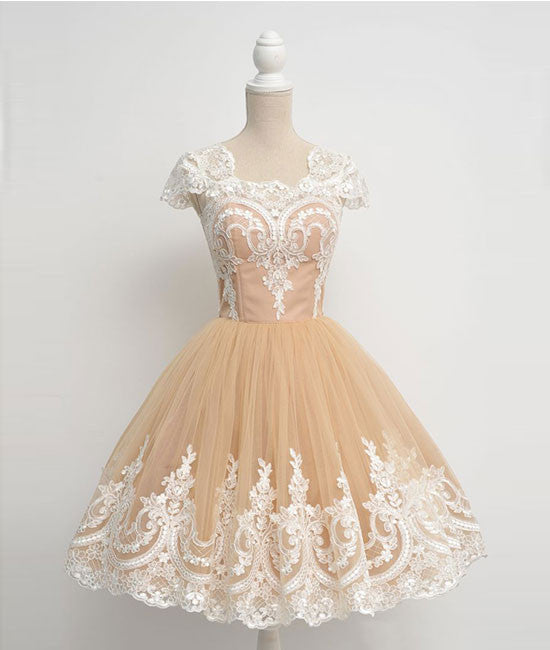 Champagne Tulle Lace Short Prom Gown, Homecoming Dress, Bridesmaid Dre shdress Champagne Tulle Lace Short Prom Gown, Homecoming Dress, Bridesmaid Dre shdress