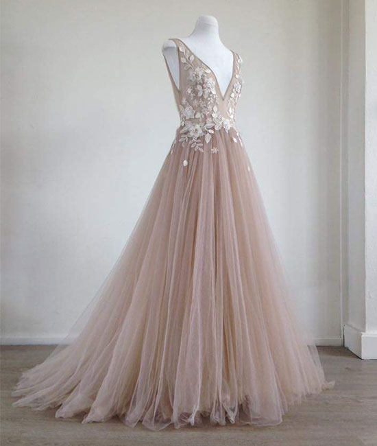 Champagne v neck tulle lace applique long prom dress, champagne evening dress - shdress