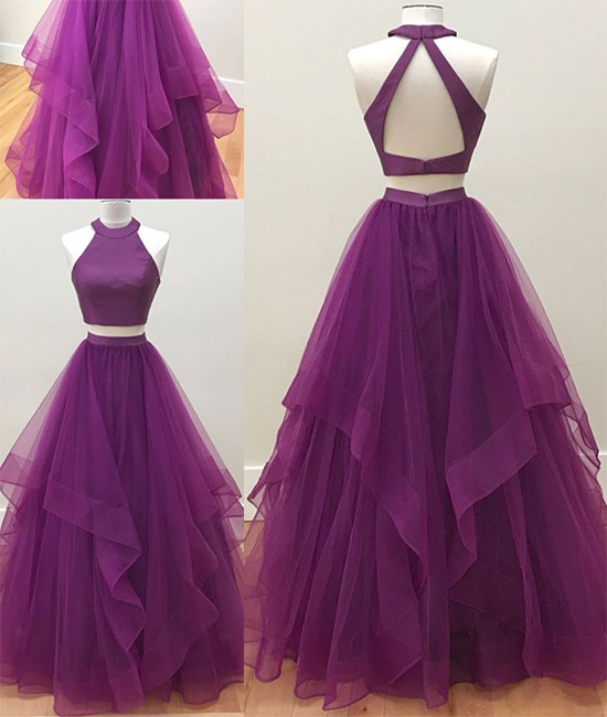 Simple two pieces tulle long prom dress, tulle evening dress - shdress