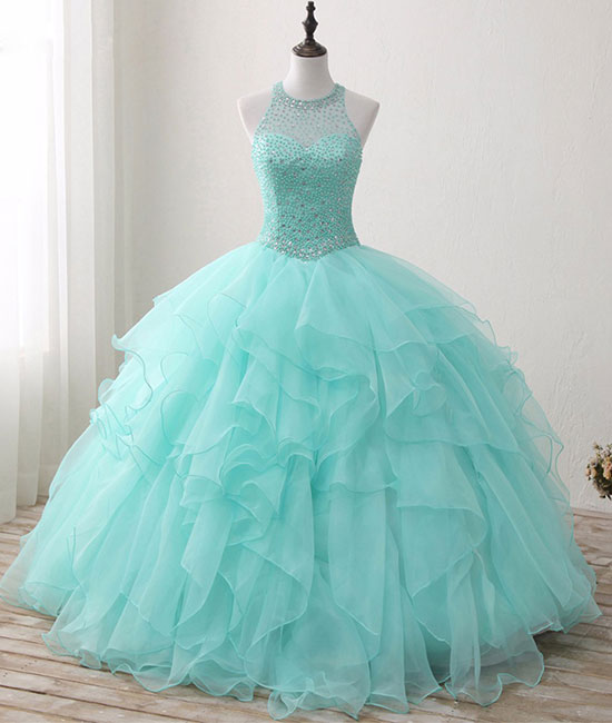 Cute green round neck tulle beads long prom dress, sweet 16 dress - shdress