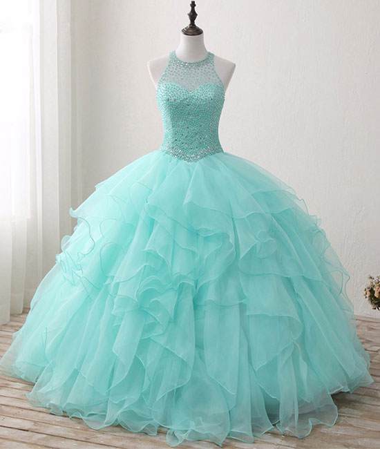 Cute green round neck tulle beads long prom dress, sweet 16 dress shdress Cute green round neck tulle beads long prom dress, sweet 16 dress shdress