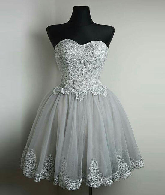 
                  
                    Cute gray tulle lace short prom dress, gray homecoming dress - shdress
                  
                