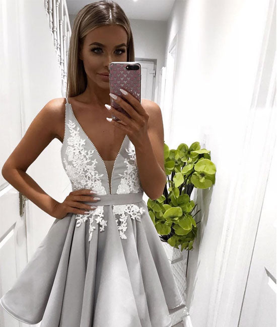 Cute gray lace short prom dress. homecoming dress – shdress