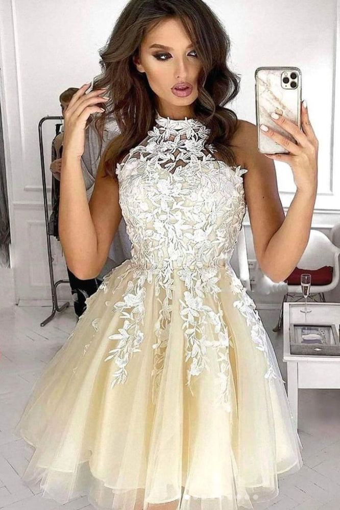 champagne tulle lace short prom dress lace cocktail dress – shdress