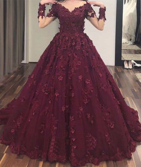 Burgundy v neck tulle applique long prom dress, burgundy evening dress - shdress