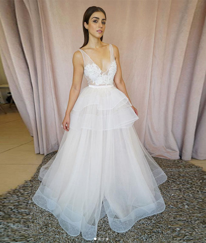 
                  
                    White v neck tulle lace long prom dress, white tulle evening dress
                  
                