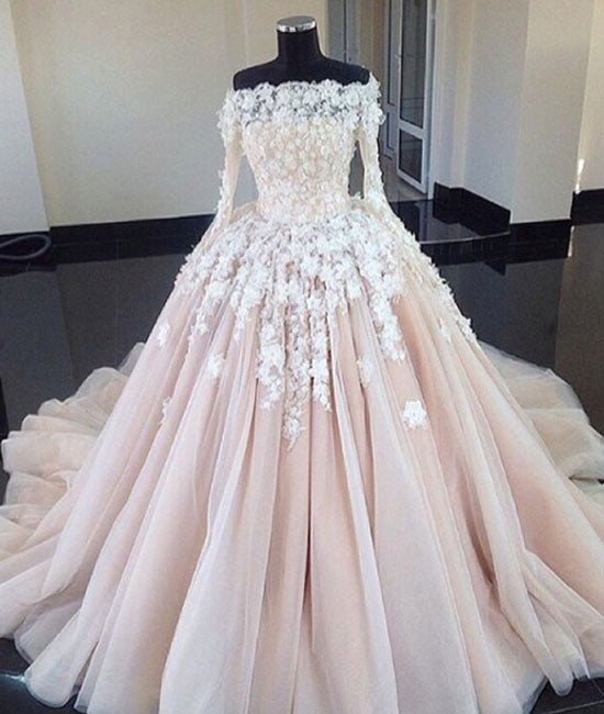 Unique champagne lace tulle long wedding dress, bridal dress - shdress