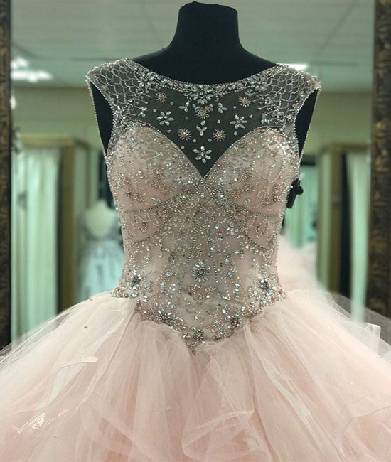 
                  
                    Pink round neck tulle beads long prom gown, pink sweet 16 dress - shdress
                  
                