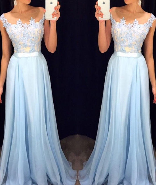 A-line Round Neck Lace Applique Chiffon Long Prom Dress, Formal Dress - shdress