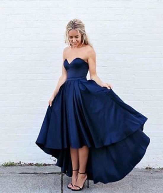 Simple dark blue high-low prom dress, evening dress - shdress