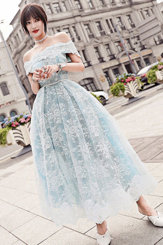
                  
                    Blue tulle lace tea length prom dress, blue tulle lace evening dress
                  
                