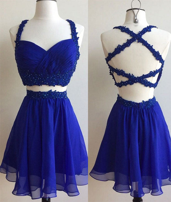 Blue two pieces lace short prom dress, cute homecoming dress - shdress