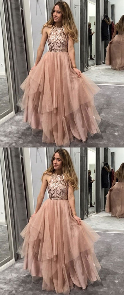 
                  
                    Champagne round neck tulle sequin long prom dress, evening dress - shdress
                  
                
